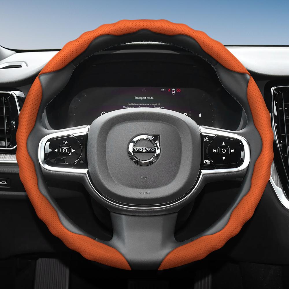 Steering Wheel Cover for Volvo, Wave-Shaped Sporty Design, Breathable Leather, Segmented, Non-Slip, Sweat-Absorb