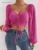 Summer V-Neck Chiffon Lantern Sleeve Drawstring Top