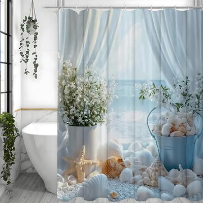 Ocean Beach Shell Starfish Floral Shower Curtain, Bathroom Decorative Shower Curtain, Waterproof Shower Curtain with Hooks
