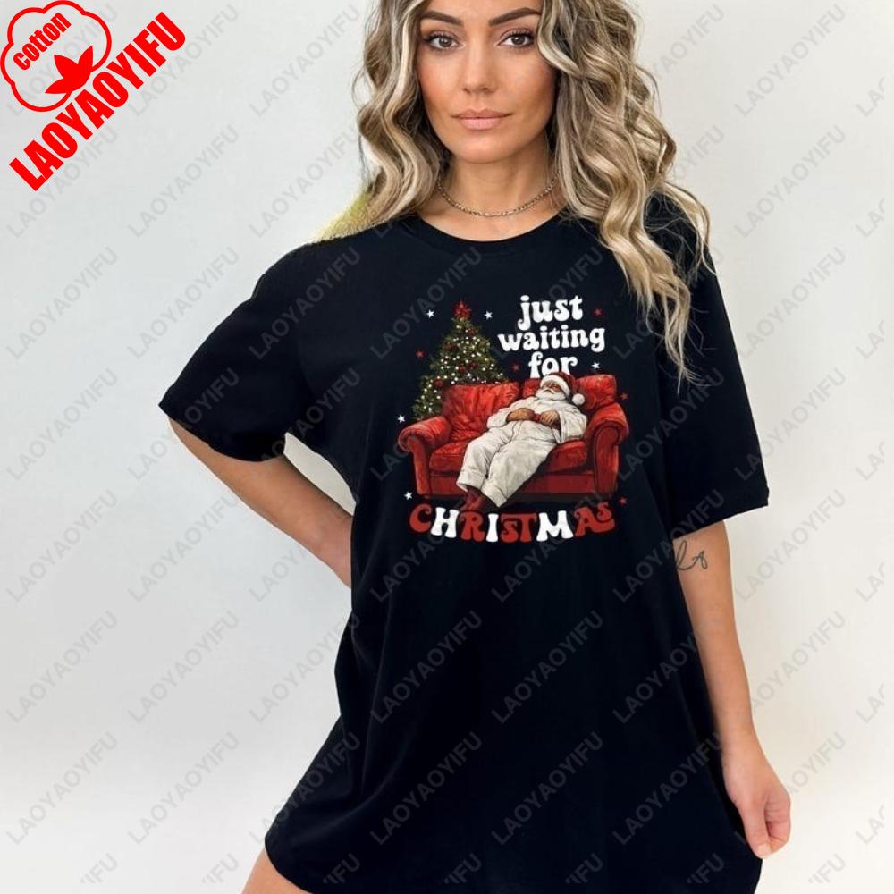Just Waiting For Christmas Santa Claus TShirt Hoppy Christmas Trees Graphic T Shirts ShortSleev Shirts For Unisex Unisex Tops S