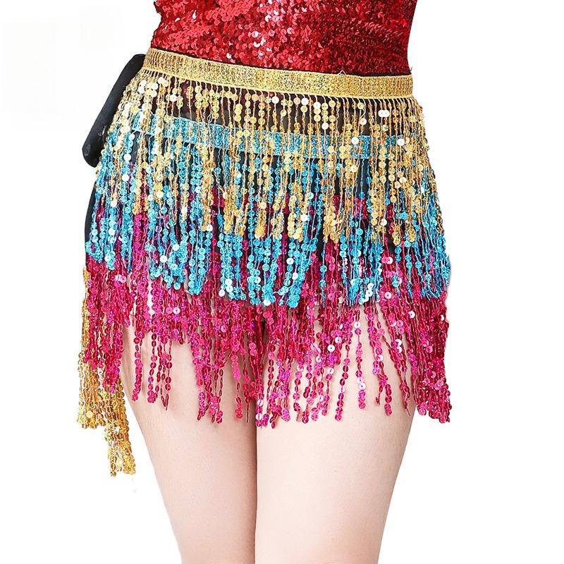 New Belly Dance Layer Sequins Skirt Tassel Chain Belt Wrap Party Club Indian Latin Hula Dancer Dress Performance Hip Waist Scarf