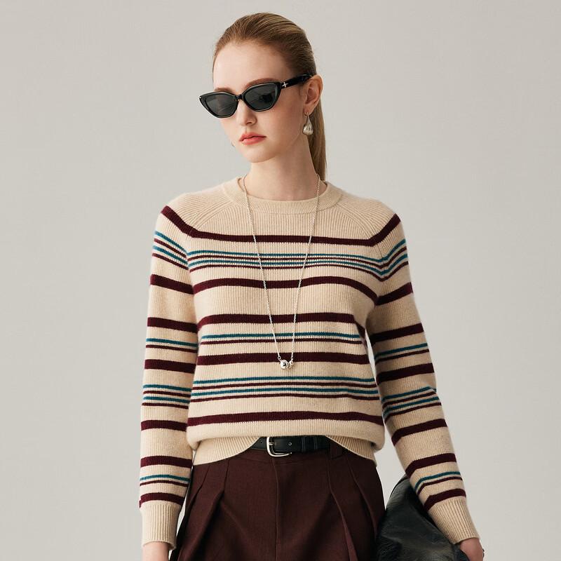 Zhaojun Women's 100% Cashmere Round Neck Colorblock Striped Thick Knit Top