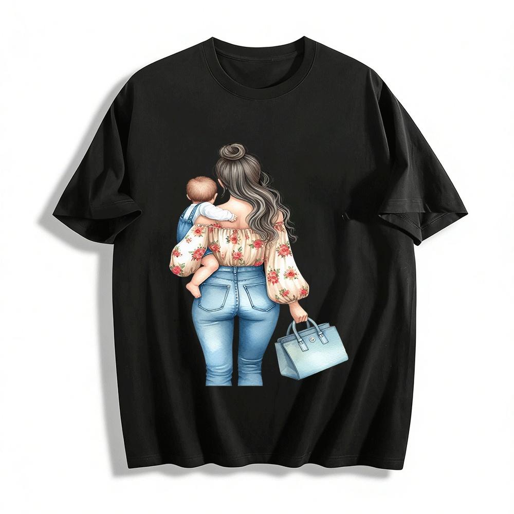 Mom Holding Baby Back Print Casual Off Shoulder Top Pure cotton T-shirt XXS