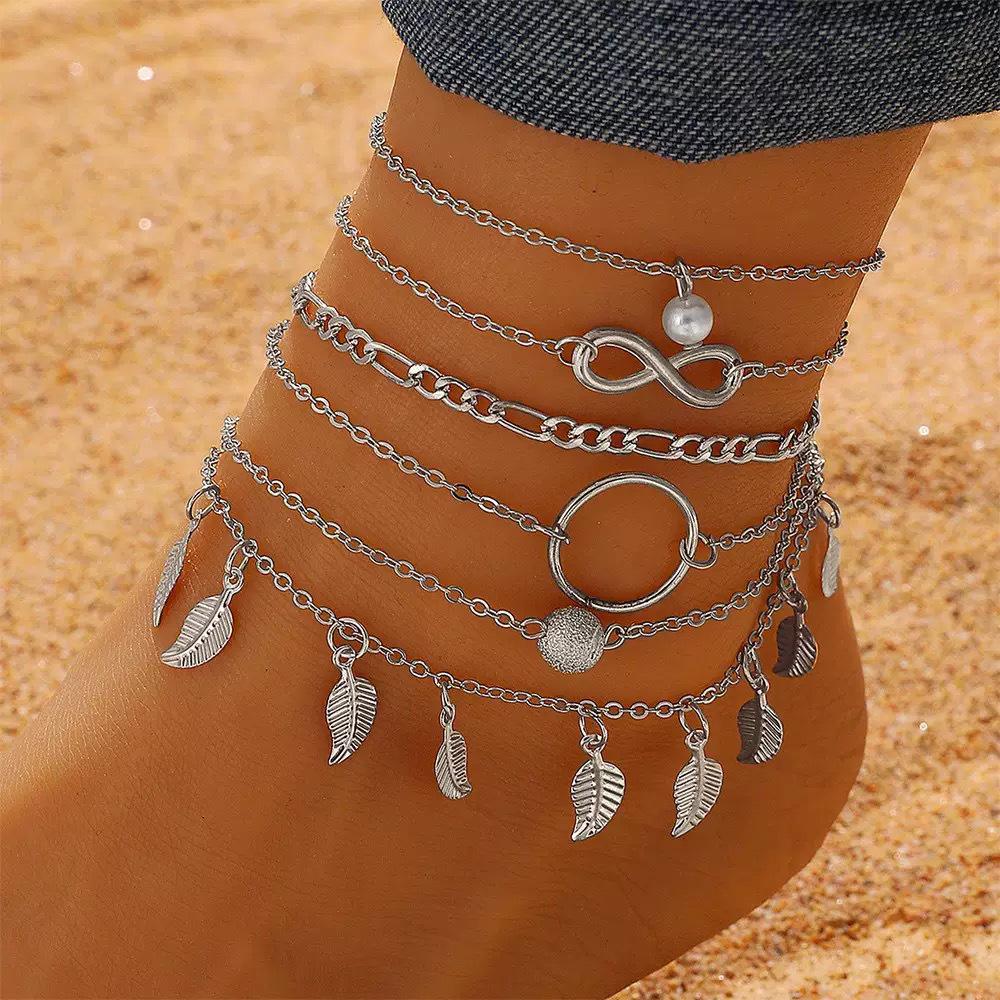 Personalized Multi-layer Beach Anklet Set with Leaf Sequins