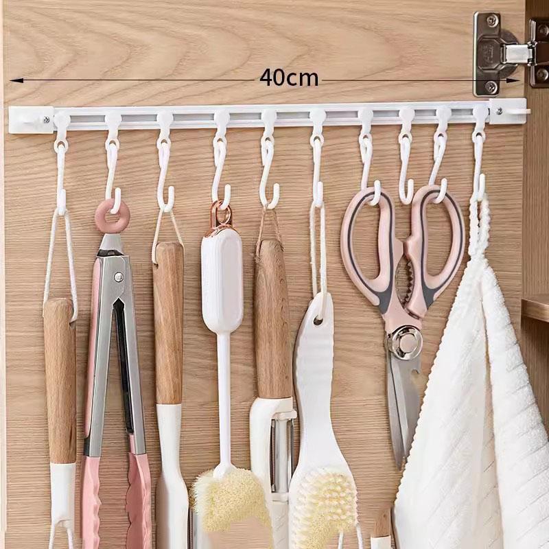 Self Adhesive Sliding Track Wall Hanging Hook Multifunctional Storage Hook Punch-free Kitchen Utensil Hanging Rack