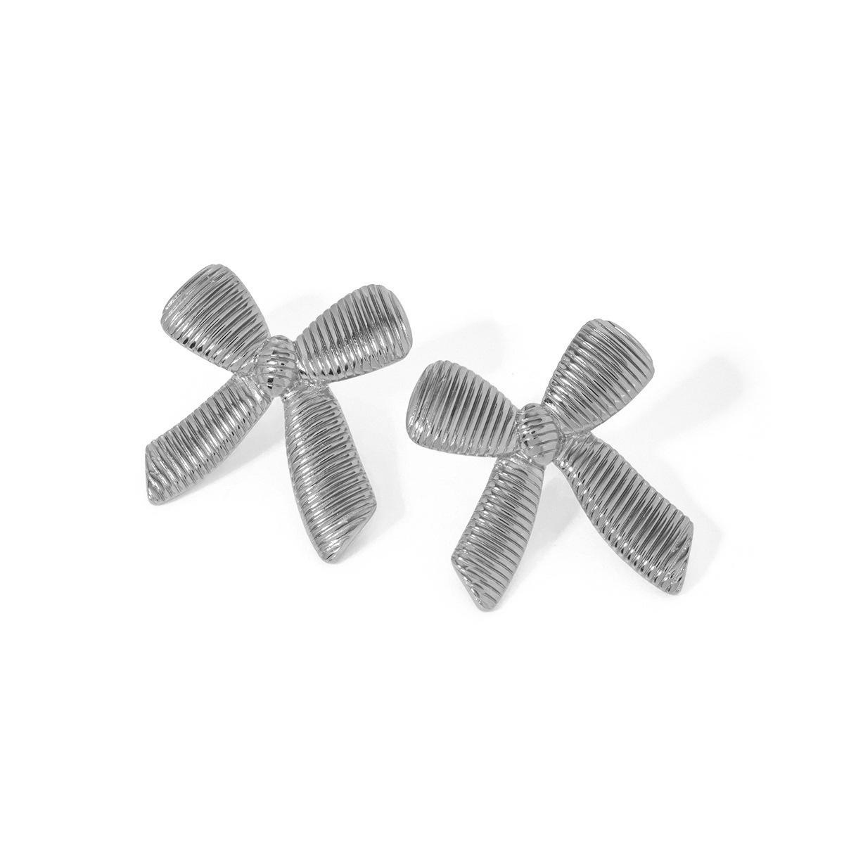 18K Gold Stainless Steel Bow Earrings: Colorfast Striped Studs for Women