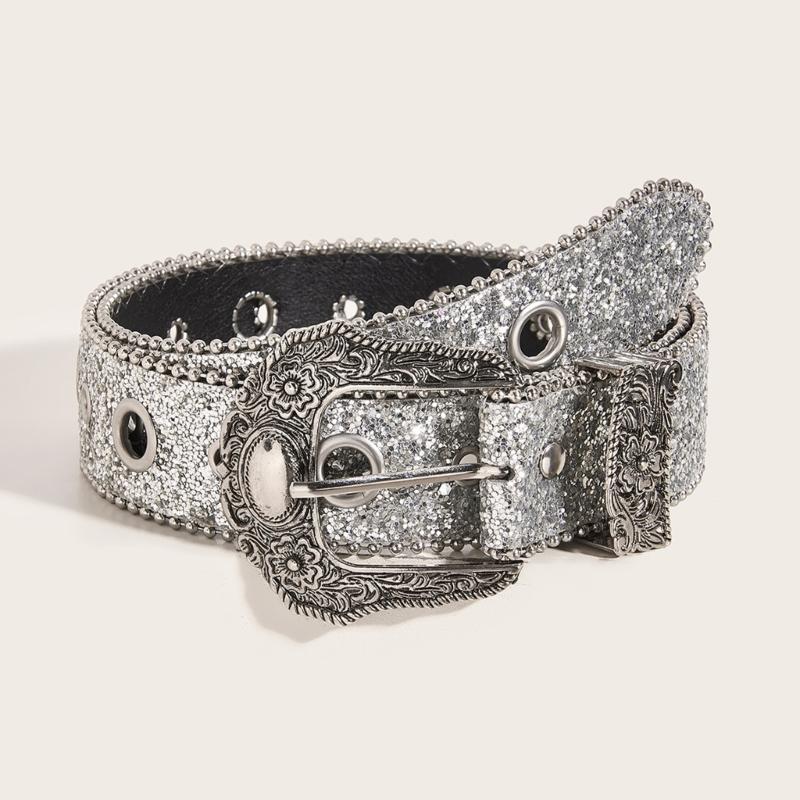 Moderne geschnitzte Dornschließe Gürtel für Damen Funkelnde Pailletten PU-Taillengürtel für Hosen Jeans Lässig Formelles Taillenaccessoire
