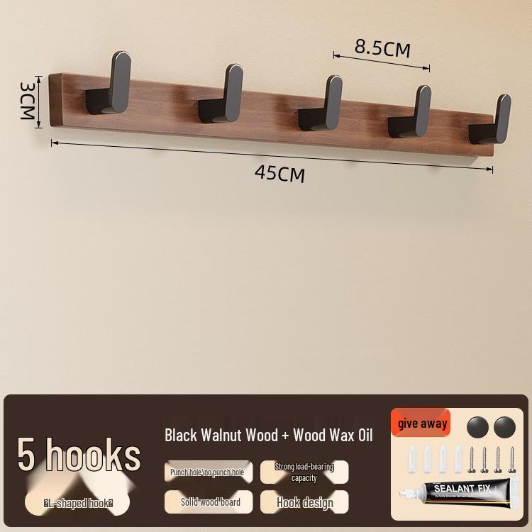No-Drill Solid Wood Wall-Mounted Clothes and Hat Hook for Entrance or Hallway