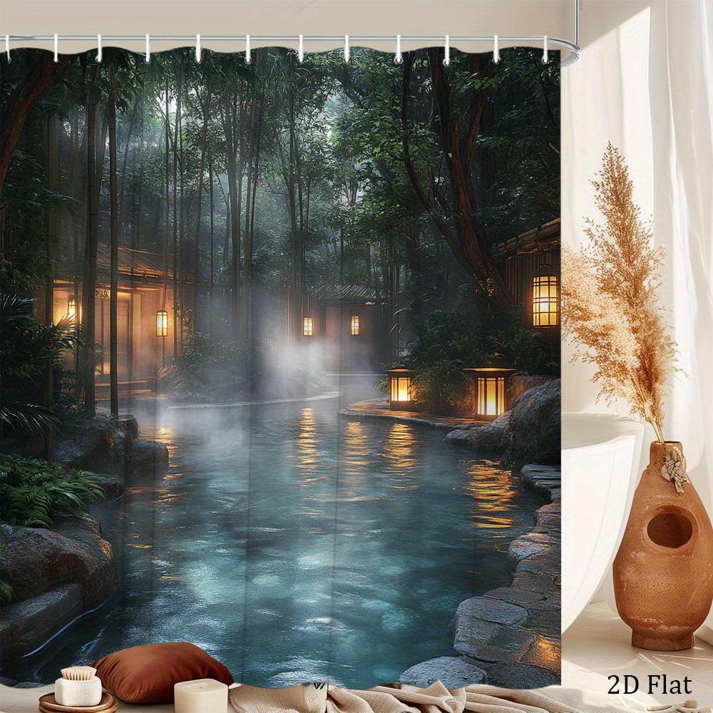 Japanese Hot Spring Shower Curtain Bamboo Forest Misty Pool Print Polyester Bath Curtain with 12 Hooks for Spa Decor