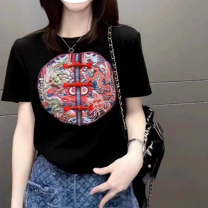Summer Chinese Style Vintage Embroidery Frog T-shirt Ladies Loose Casual Fashion Short Sleeve Tee Top Women Pullovers