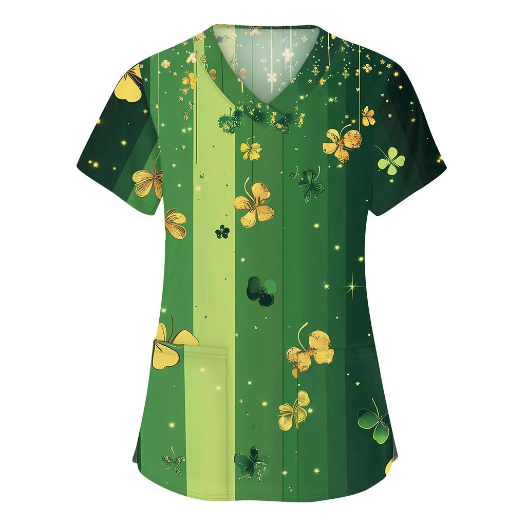 Women's Fashion V-neck Short Sleeve Workwear With Pockets Printed Tops