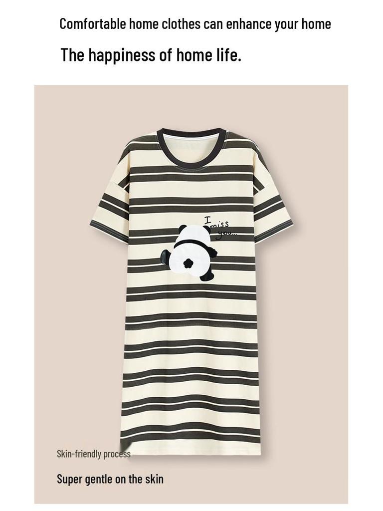 7A Women's Antibacterial Cotton Nightgown, Short Sleeve, Plus Size, Medium Length, Versatile for Outdoor Wear, Sweet Summer Home Dress