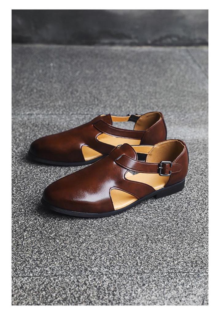 Men's Large Leather Roman Sandals - Breathable, Versatile, Hollow-Out Design with Buckle