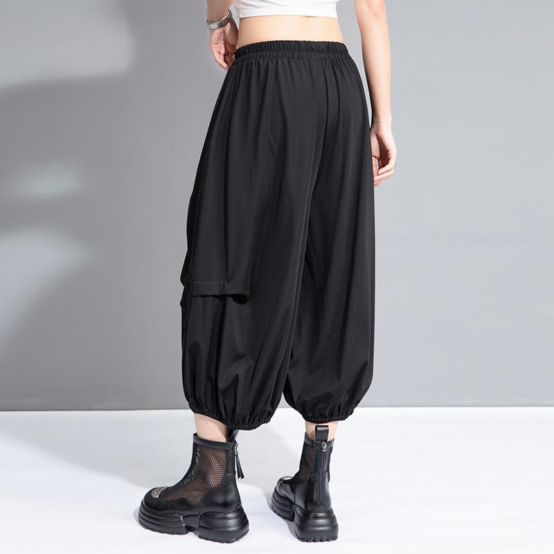 Black Plus size Vintage high Waist Casual loose Summer wide leg Pants Women Trousers
