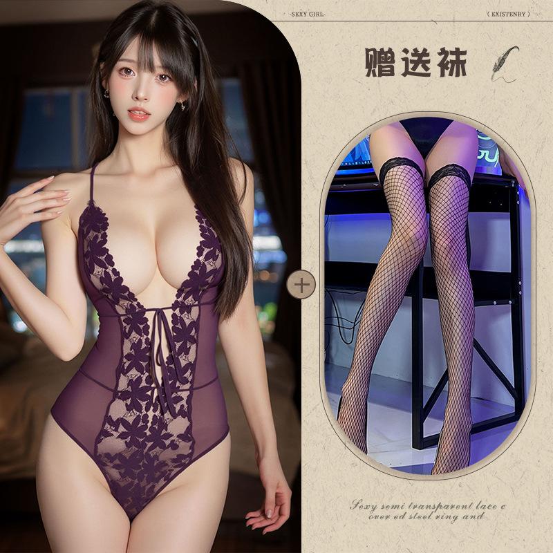 Sexy Lace Suspender Deep V Sex Underwear Lace-Up Perspective Hollow Mesh Onesie
