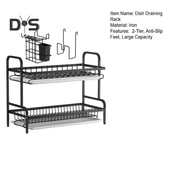 Dish Draining Rack 2-Tier Anti-Slip Feet Holds 17 Plates 18 Bowls Glasses Lunch Boxes Kitchen Countertop Organizer Utensil Holder Cutlery Basket