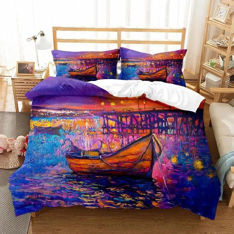 Oil Painting Landscape Duvet Cover King Queen Size Seaside Sunset Colorful Painted Style Art Print Polyester Comforter Cover