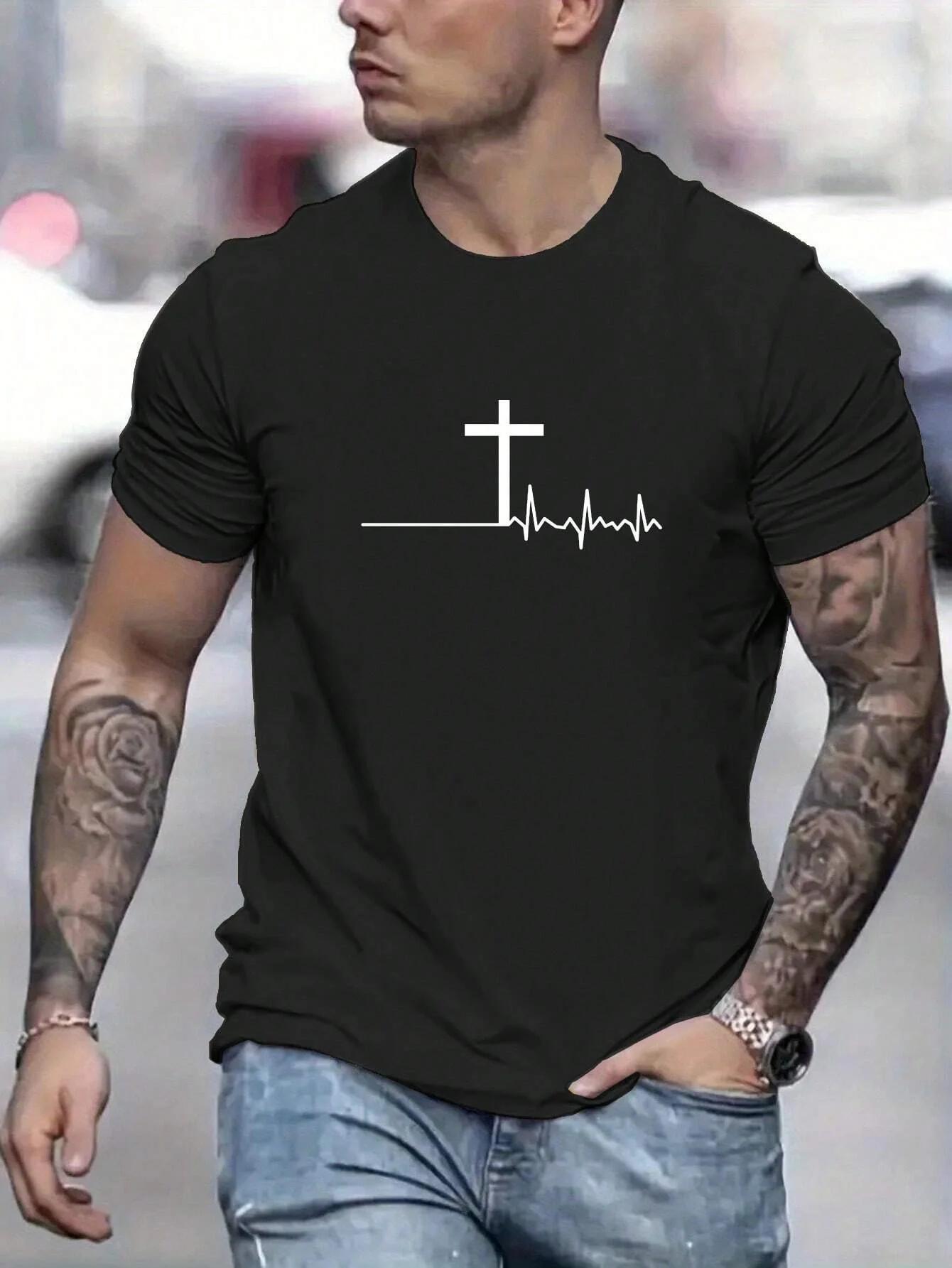 

Summer men s loose T-shirt 100% cotton comfortable fashion cross print slim casual sports round neck short-sleeved T-shirt top 3XL