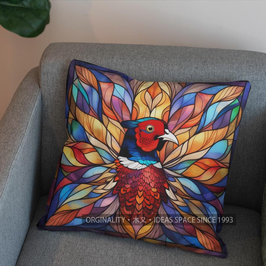 2D Stained Glass Style Pheasant-Printed Pillow Cover Pattern Cushion Cover Suitable For Sofa Bedroom Car Pillow Cover