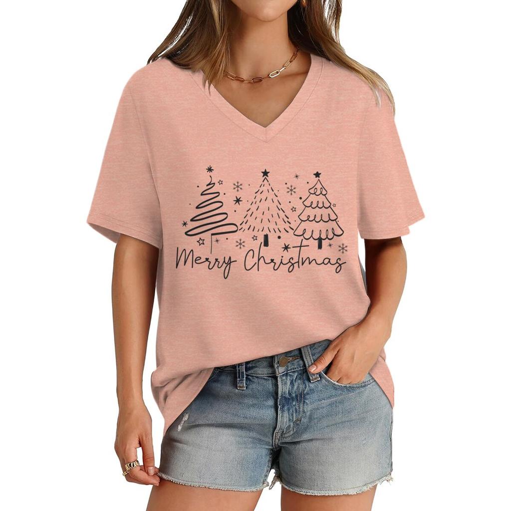 Merry Christmas Tree Trending Tshirts for Women Vneck Christmas Tree Design Holiday Clothes Funny Festive Fashion Casual Tops