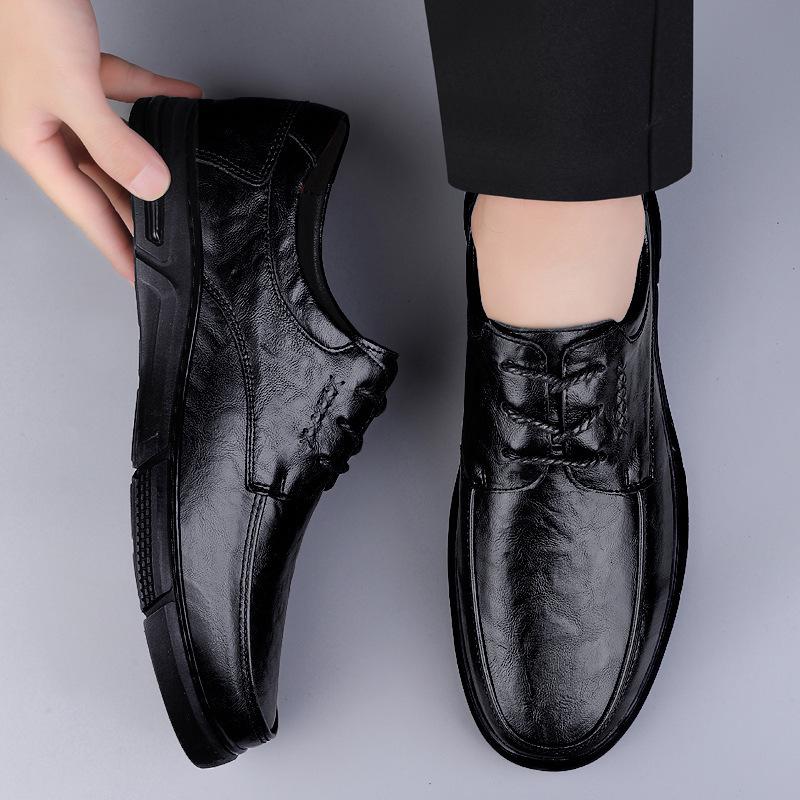 Men's Cowhide Leather Business Shoes - Soft Sole, Non-Slip, Sizes 45-46, Lace-Up, Ideal for Middle-Aged and Elderly Dads