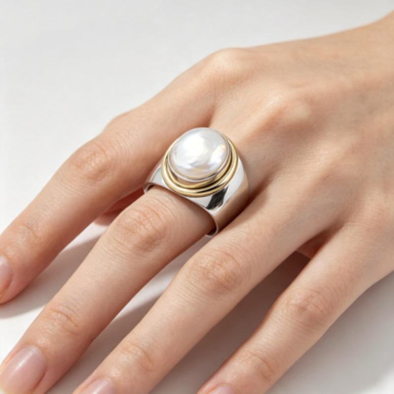 European and American classic silver inlaid imitation pearl wide surface high sense simple niche finger
