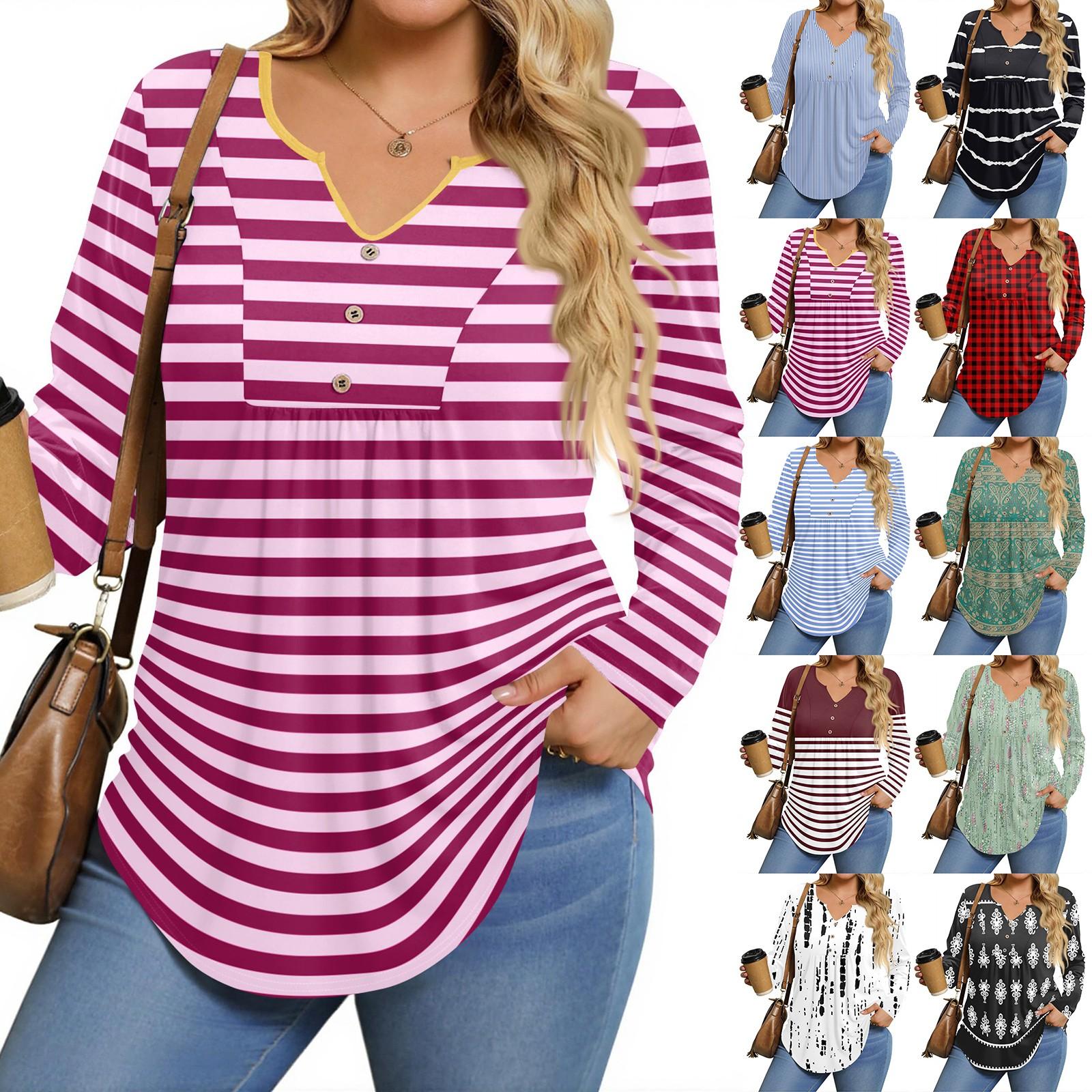 

Womens Plus Size Long Sleeve Shirts V Neck Tunic Tops Basic Loose Fit Tee Tops L чорний