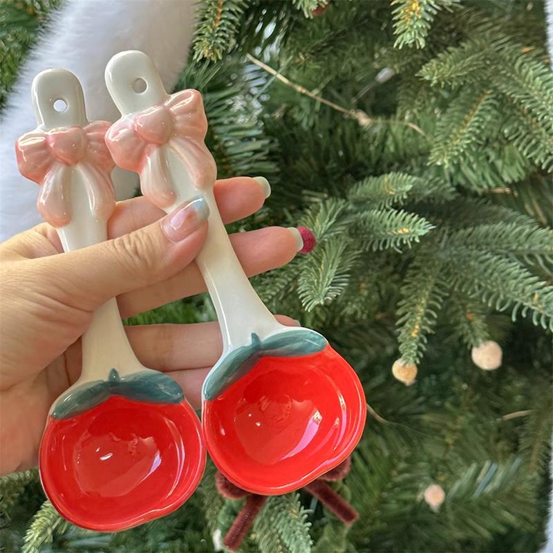 Kawaii Cherry Ceramic Soup Spoon Cute Korean Ice Cream Hand Painted Dessert Spoon With Long Handle Kitchen Tableware Accessories