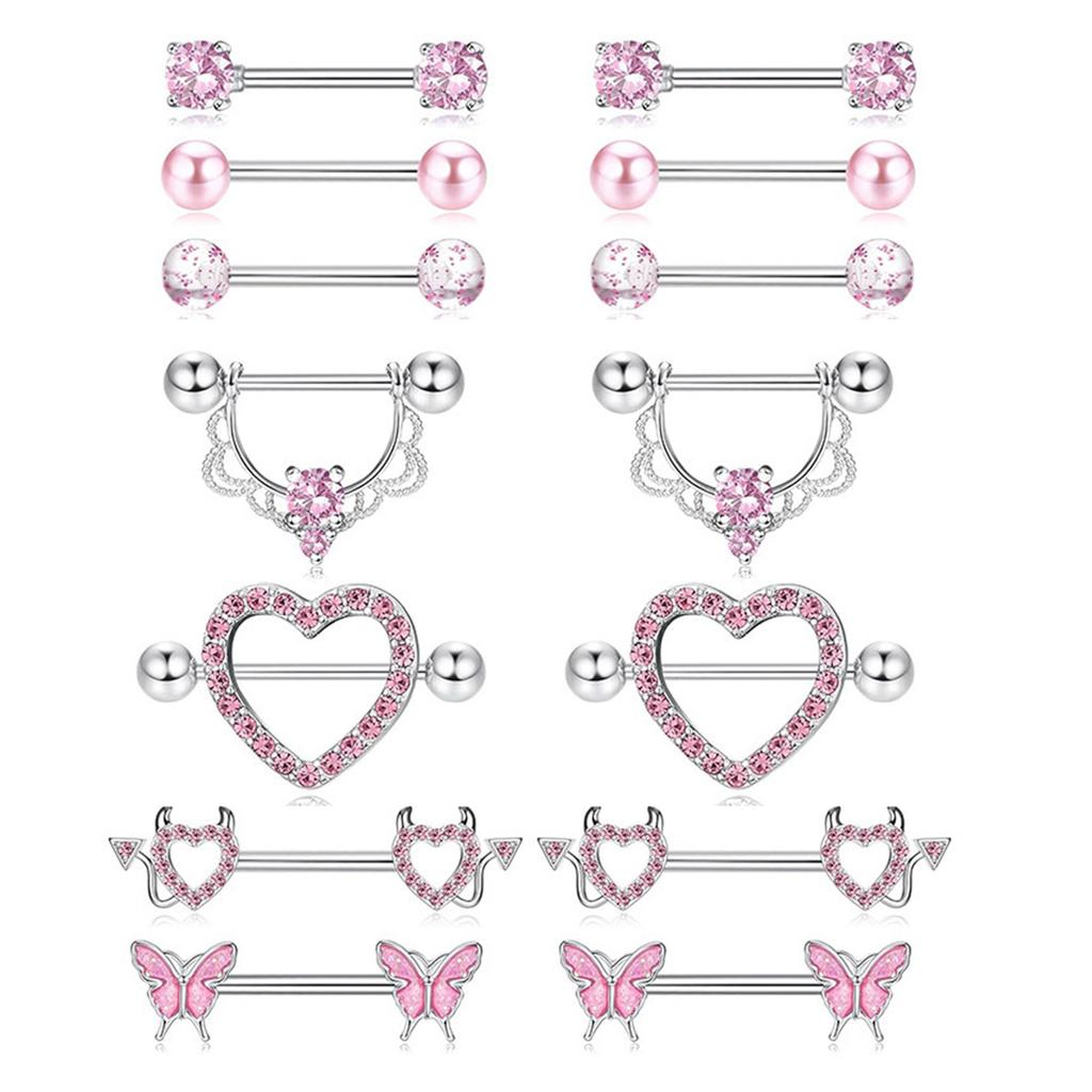 Fashionable Nipple Rings Jewelry Set with Sparkling Pink Silver Cubic Zirconia Stones for Fashion Enthusiasts