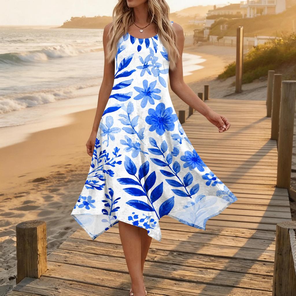 Women Sleeveless Casual Floral Print Dress Round Neck Irregular Hem Mid Length Summer Dress Lightweight Comfortable