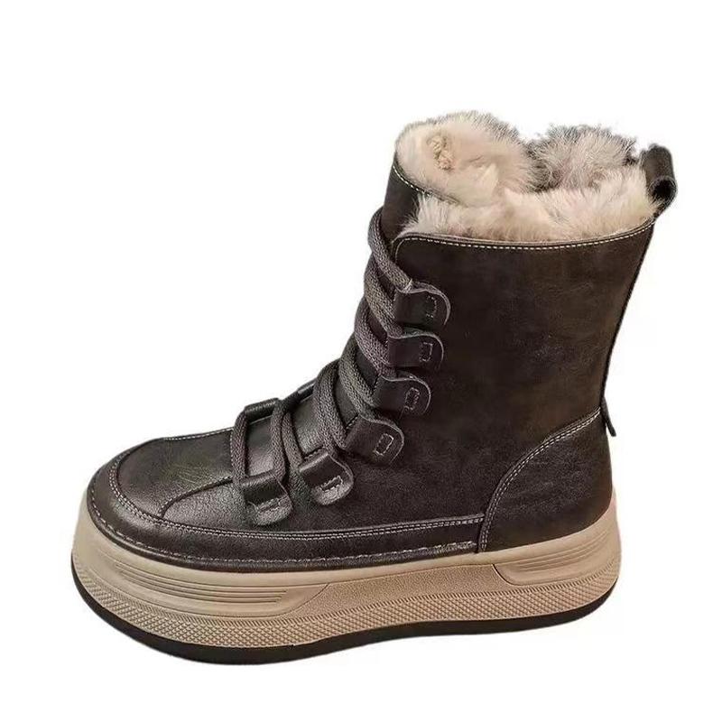 Platform Women Snow Ankle Boots Short Plush Designer Lace Up Cotton Mid Heels Shoes 2025 Trend Winter Warm Walking Botas Mujer