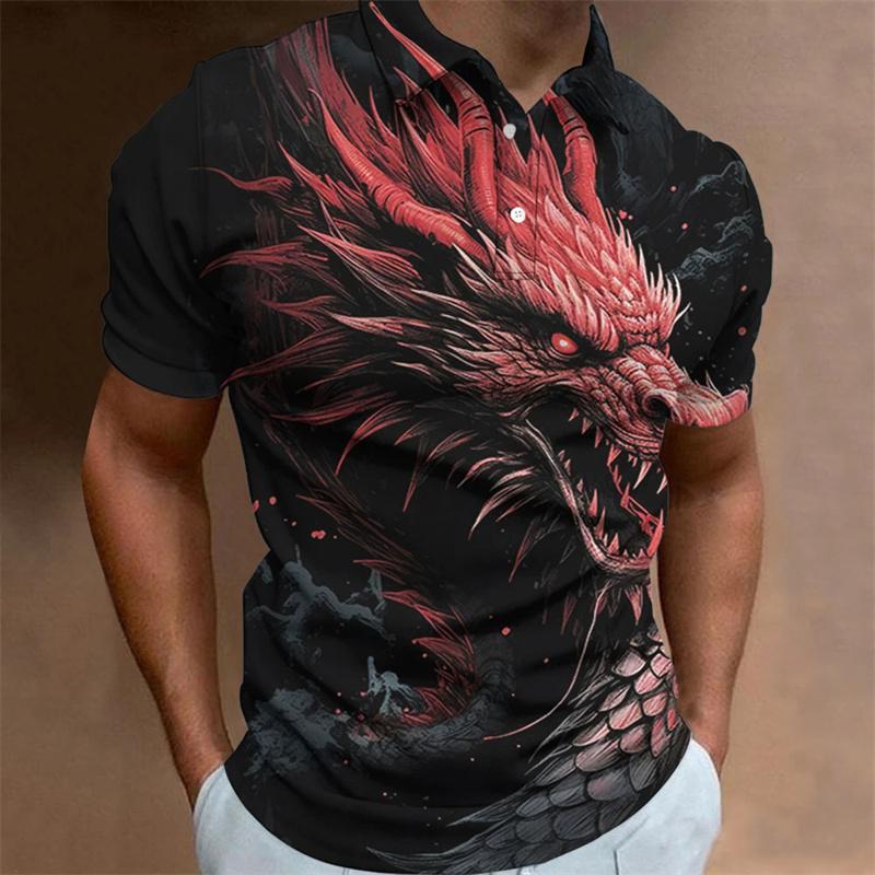 Dragon Pattern Polo Shirt for Men Animal 3D Printed T-Shirts Outdoor Fashion Casual Loose Oversized Street Lapel Top Button Tees