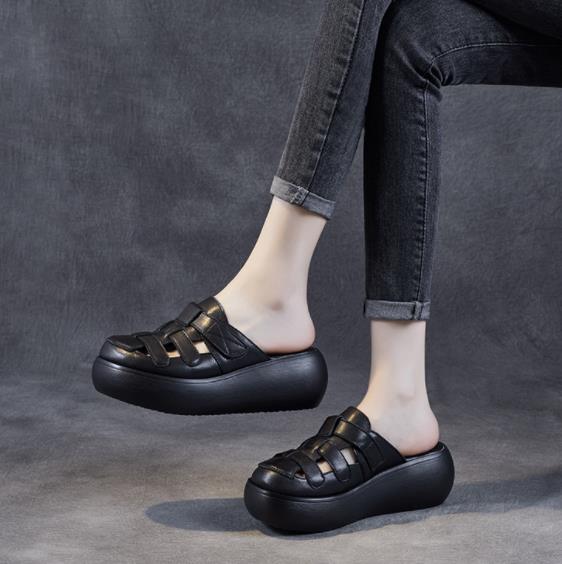 Mode 6CM Neues Design Damen Hausschuhe Sommer Slingback Sandalen Runde Zehe Echtes Leder Plateau Keilabsatz Retro Draußen Lässige Pantoletten
