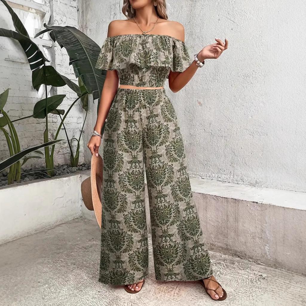 Vacation Jumpsuit Summer Ladies Printed Off-Shoulder Top and Wide Legs Pants Set