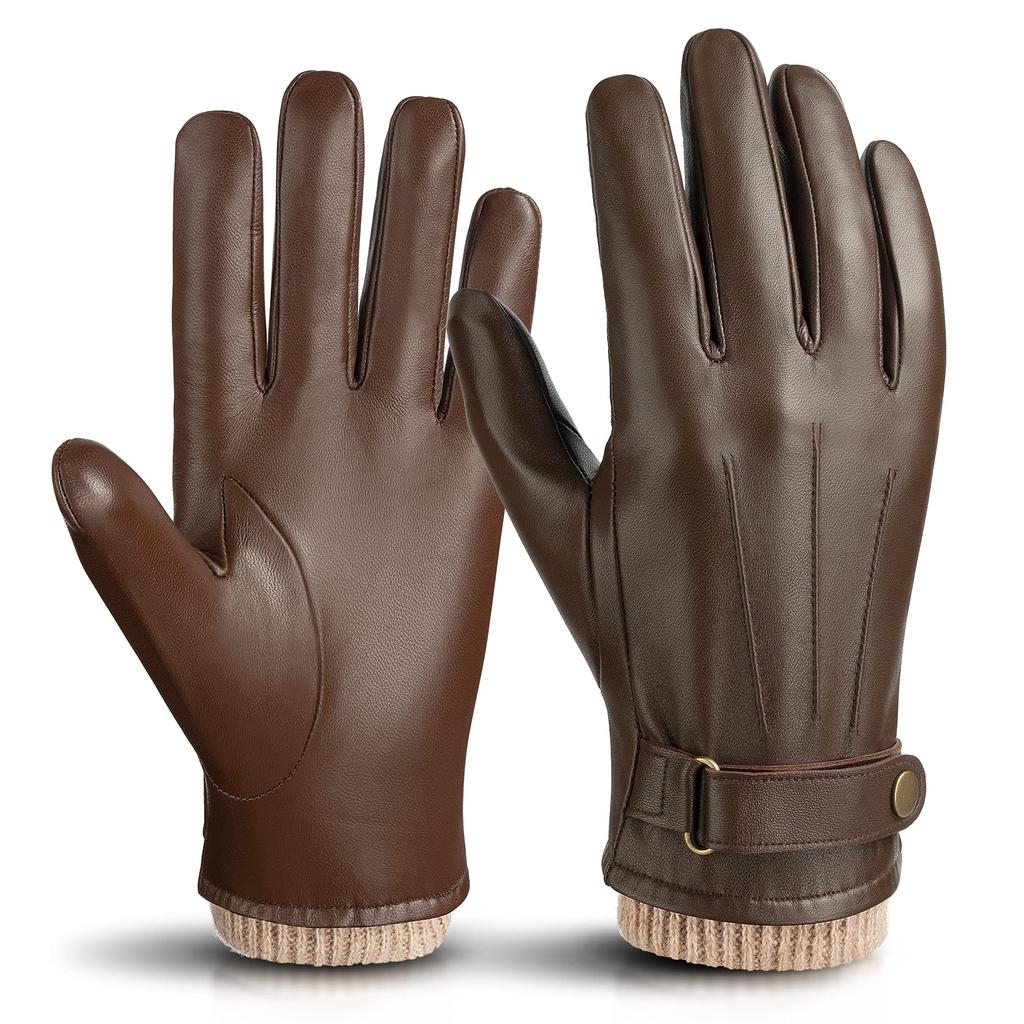 OZERO Winter Smartphone Genuine Leather Fleece Lining M Men's Gloves, Compatible, (Goat Leather), (Wool), Windproof, Water-Repellent, Black/Brown, M,