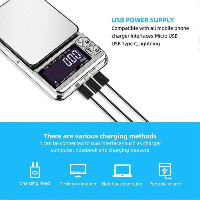 High Precision Jewelry Scale, 1000G * 0.01G Digital Lcd Count Electronic Scale Stainless Pocket Kitchen Scales Usb Charge