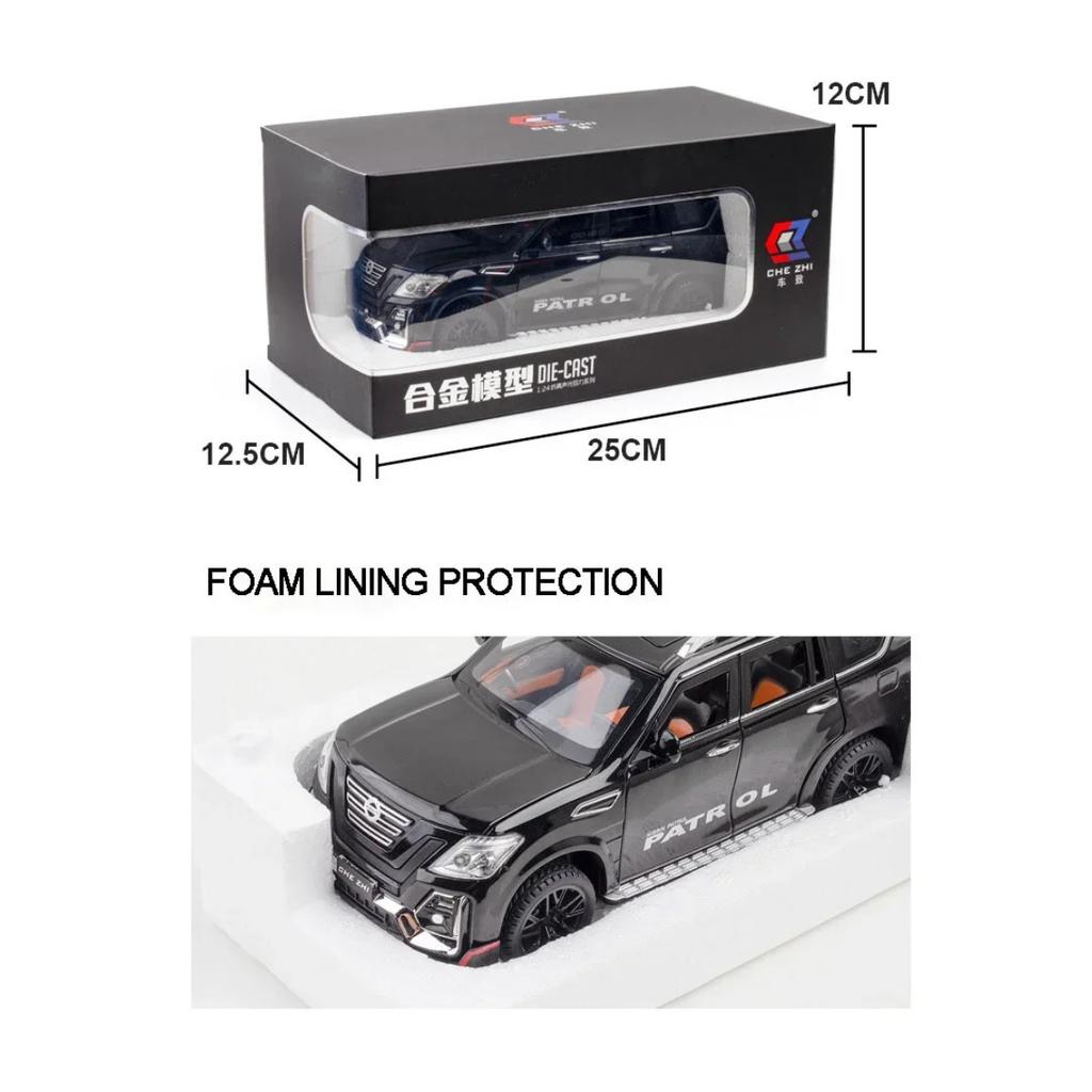 Nissan Patrol, Metall-Druckguss-Geländewagenmodell im Maßstab 1:24, Spielzeug für Jungen, Legierungsmodell mit Sportpaket, 6 Türen zum Öffnen, A303