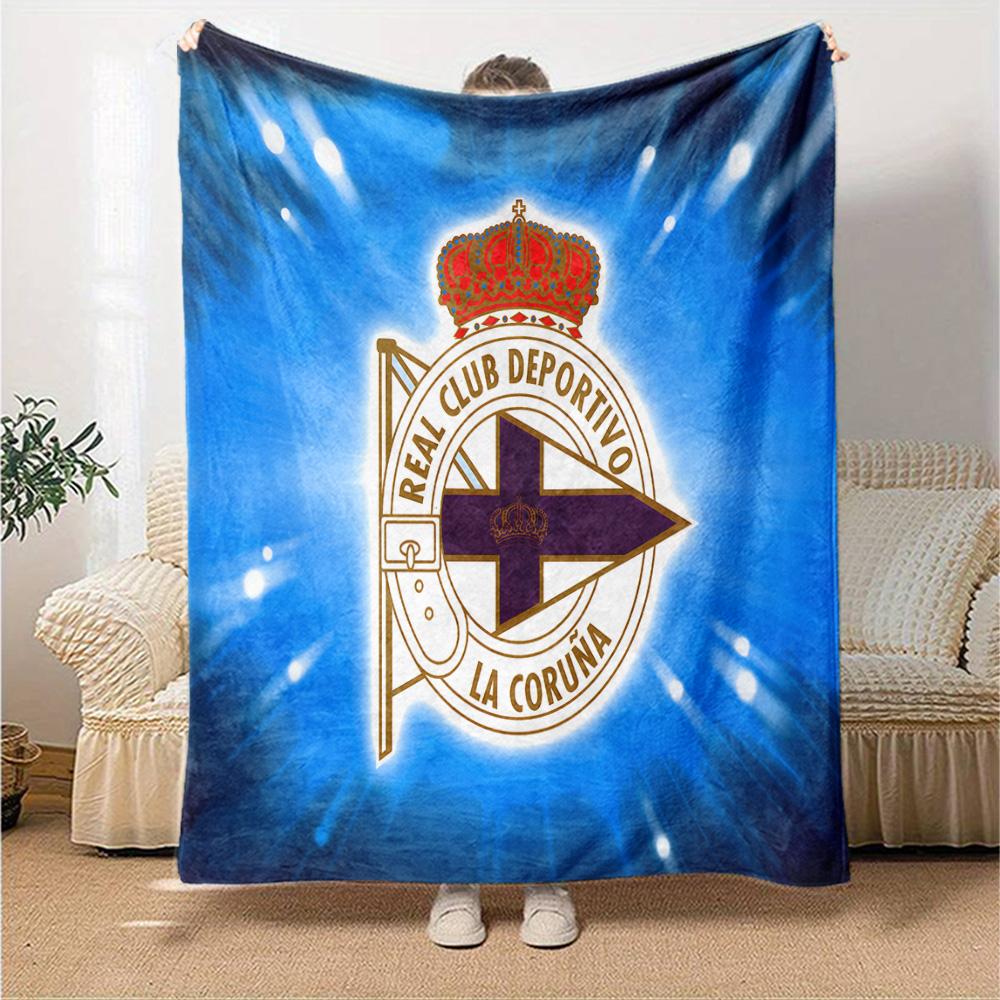 Deportivo A Coruna Crest Flannel Blanket, Soft Polyester, Modern Design, All-Season for Camping, Travel, Gifts for holidays or birthdays