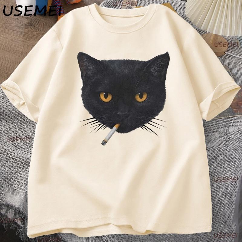 

Funny Smoking Cat Y2K T Shirt Vintage Black Cat Tee for Men Women 90s Aesthetic Tee Men Women Casual Cotton Short Sleeve T-shirt S разноцветный