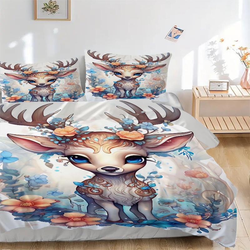 3pcs Pretty Reindeer Art Printed Quilt Set - Includes 1 Quilt Cover and 2 Pillowcases, Machine Washable - Suitable for All Seasons.M088