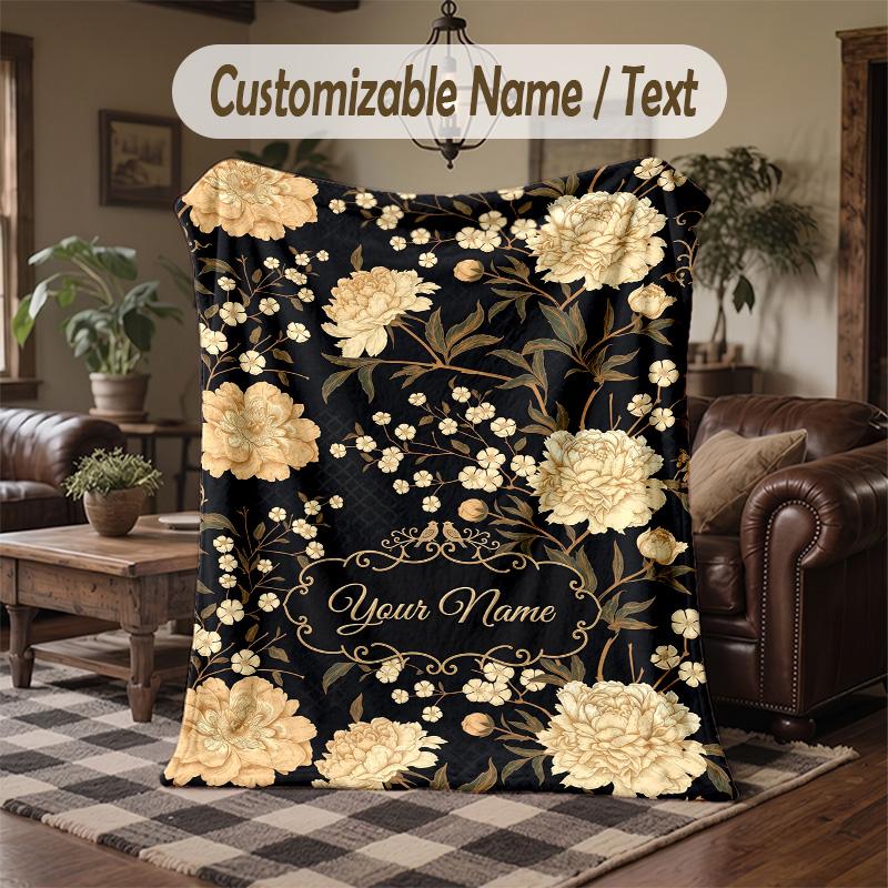 Floral Elegance Card 7 Theme Throw Blanket Custom Name Text Personalized Blanket Soft Cozy Blanket for Home Sofa Bed