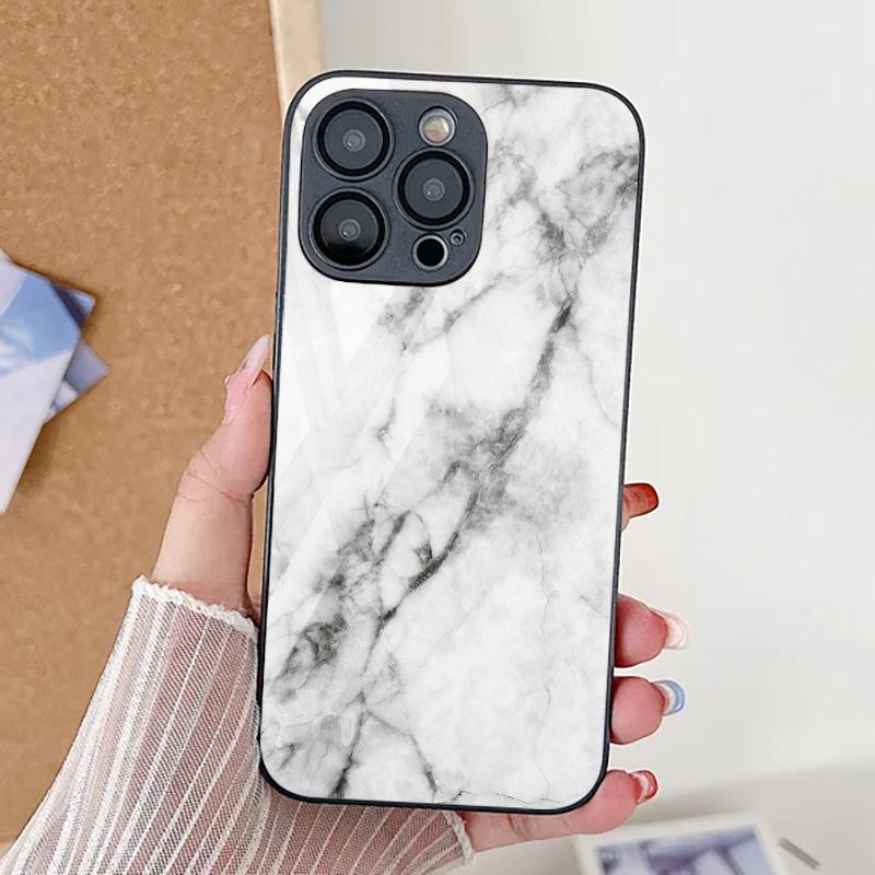 White Marble Texture for iPhone17ProMax Metallic Paint Glass Mobile Phone Protective Case All-inclusive Fine Holes