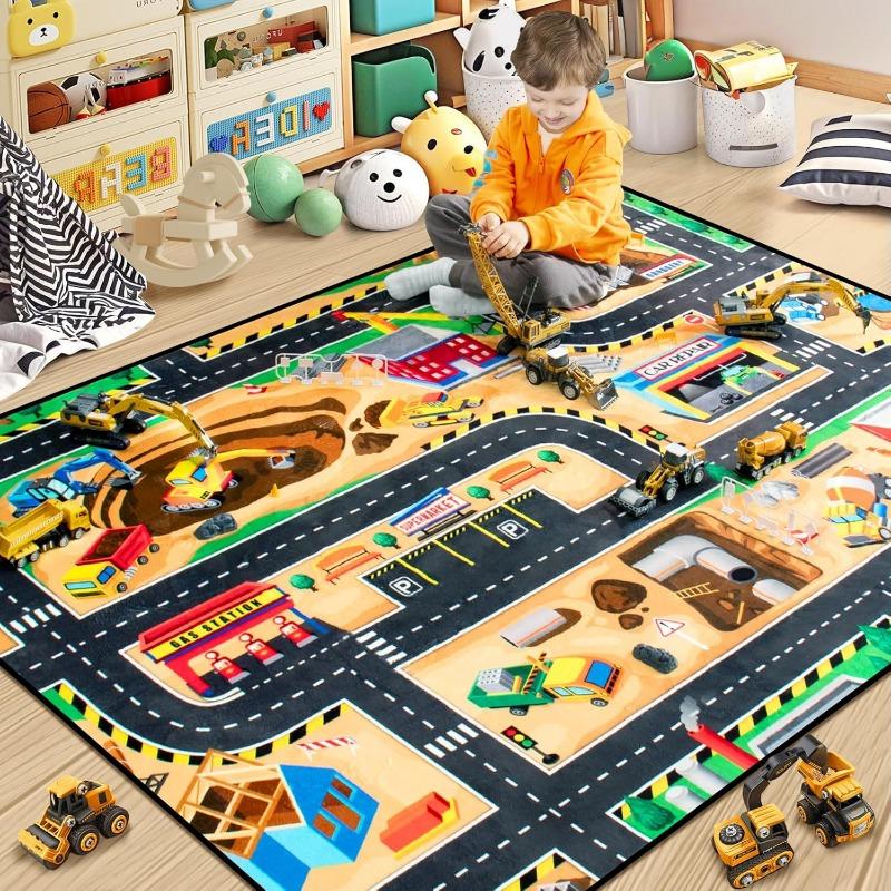 Dinosaur World Play Rug, Interactive Road Map Carpets Educational Floor for Bedroom Living Room Play Area Gift for