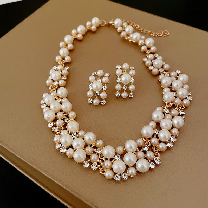 3PC Wedding Season Women's Fashion Imitation Pearl Necklace Earrings Zircon Set Suitable for Wedding Parties and Festival Gifts