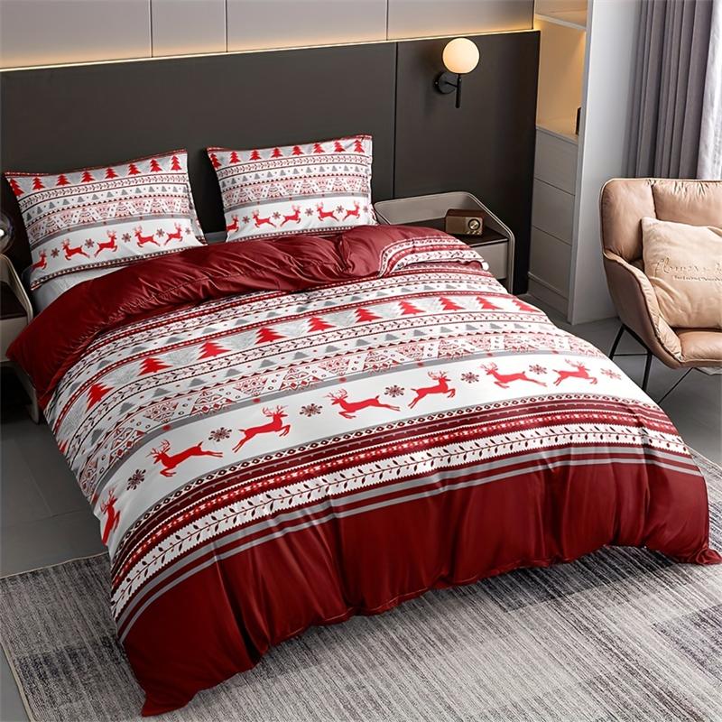 Festive Christmas Deer Print Duvet Cover Set with 2 Pillowcases - for EU Single, EU Double, US Single, US Double, US Queen