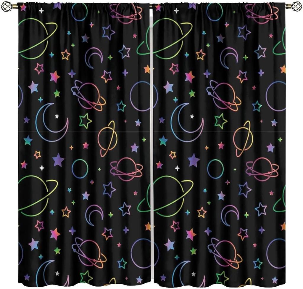 Kids Outer Space Curta, Universe Themed Earth Moon Rockets Stars Window Drapes, For Boys Girls Room Bedroom Living Room