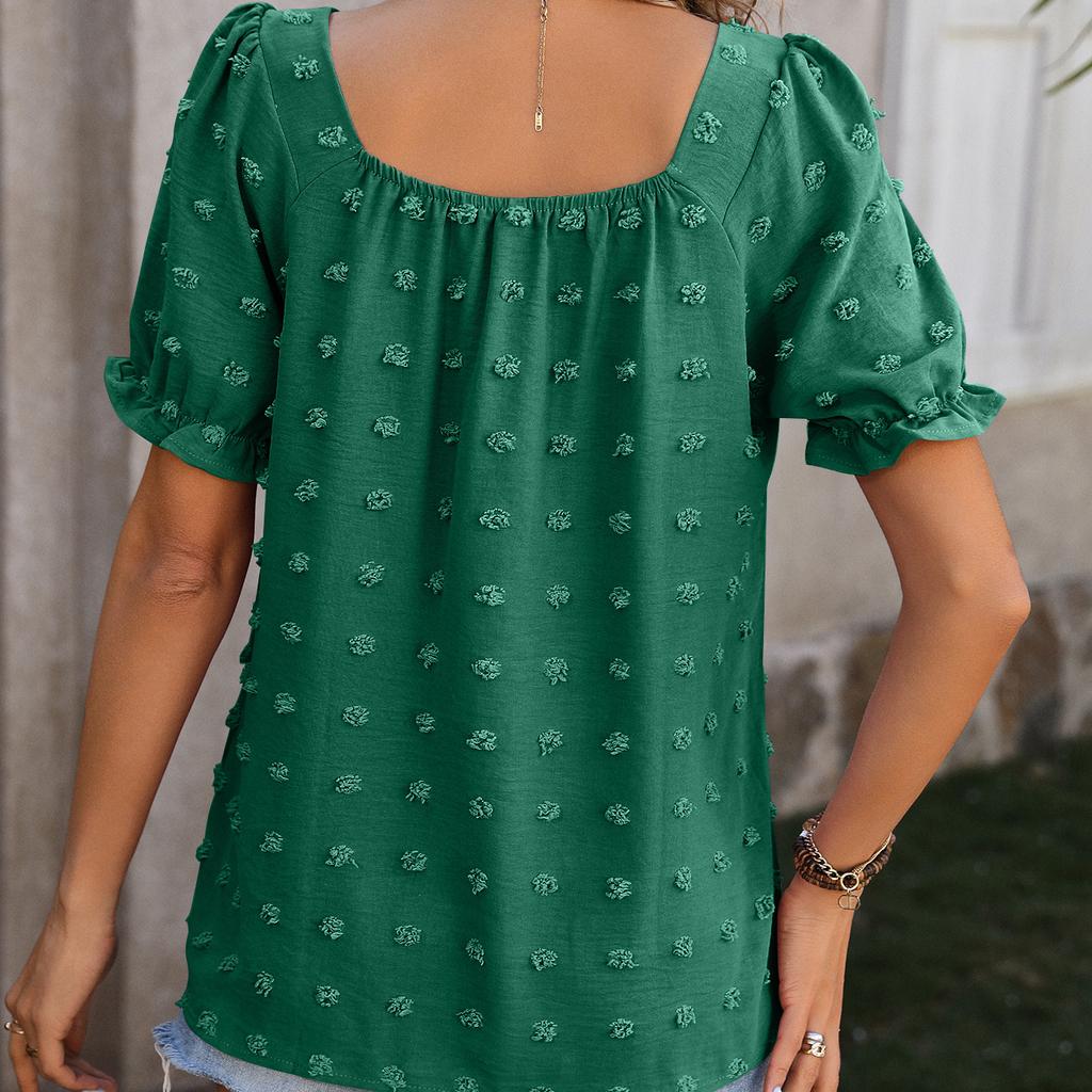 VEZFAA Women's Fashion Casual Summer Spring Solid Color Print Short Sleeve Square Collar Blouses & Shirts