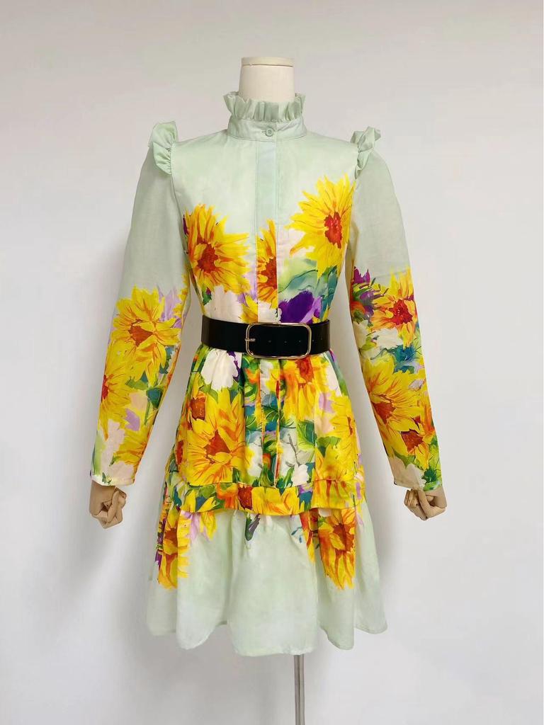 Sunflower Print Lace A-Line Dress with Stand-Up Collar & Long Sleeves