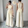 European Style Women Clothing Spring and Summer Fashion Round Neck Wide Leg Pants Elegant Set