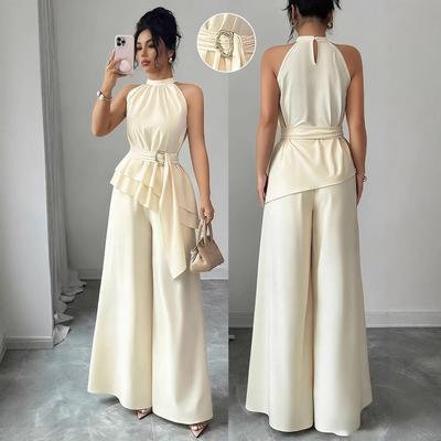 European Style Women Clothing Spring and Summer Fashion Round Neck Wide Leg Pants Elegant Set